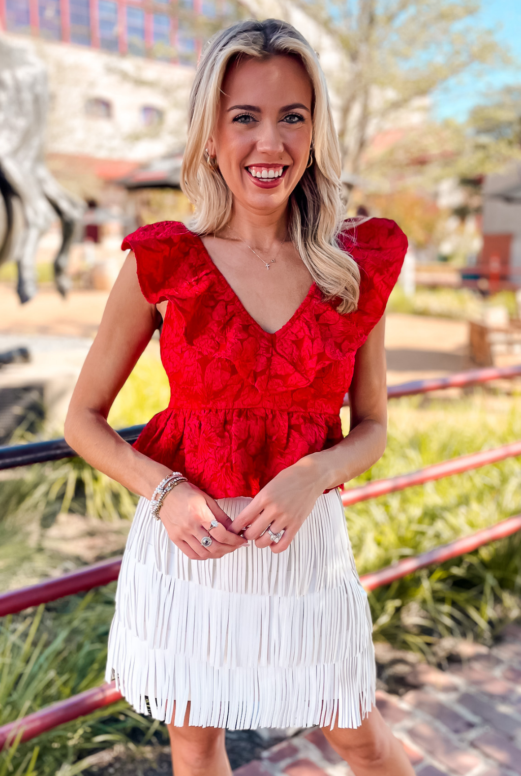 Jacquard Sleeveless Ruffle Top - Red