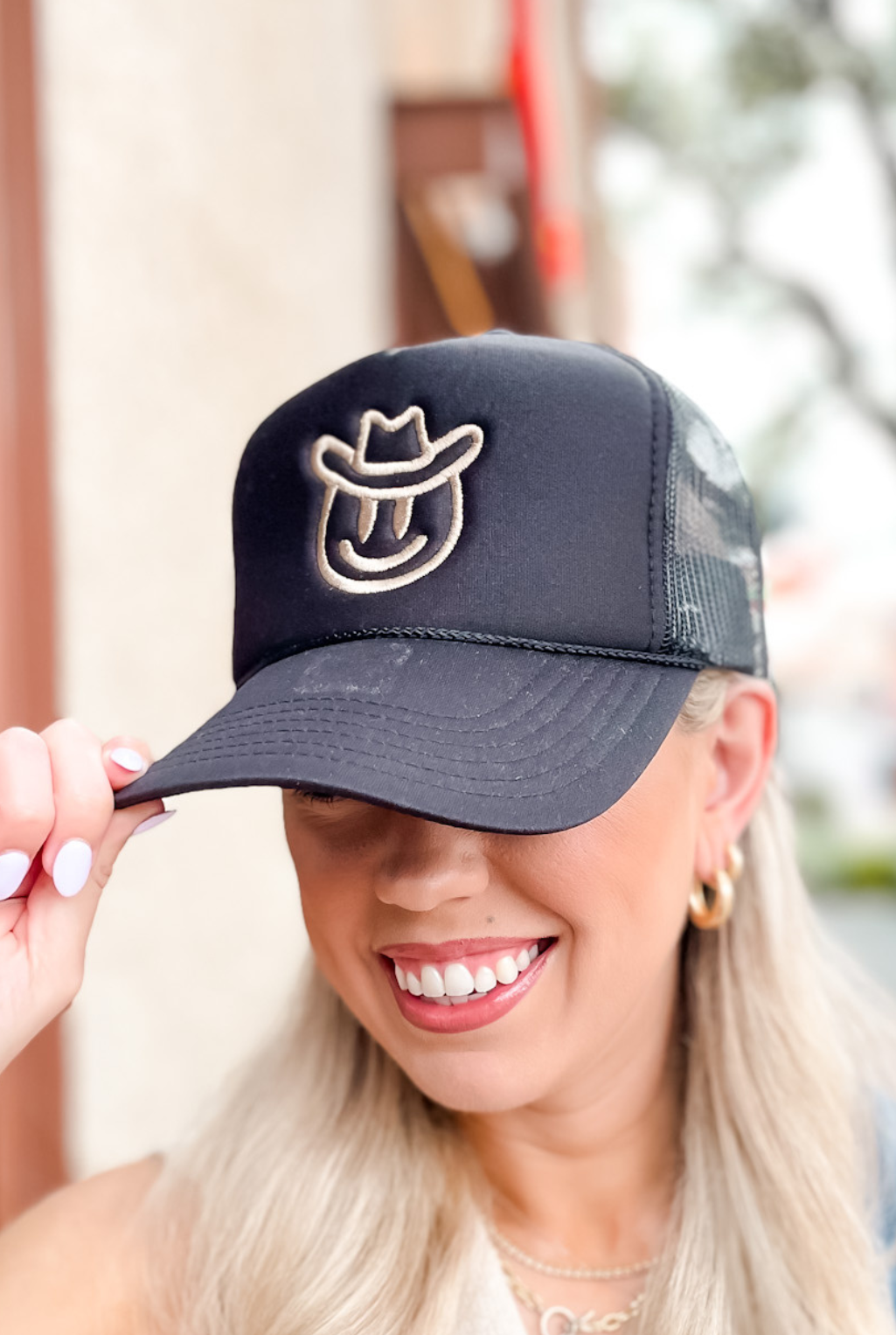 Smiley Cowboy Trucker Hat - Black