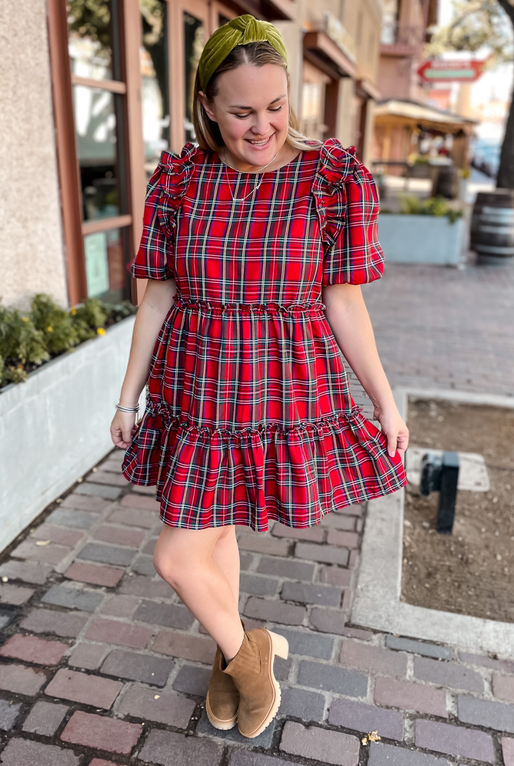 Tartan Plaid Ruffle Dress - Red