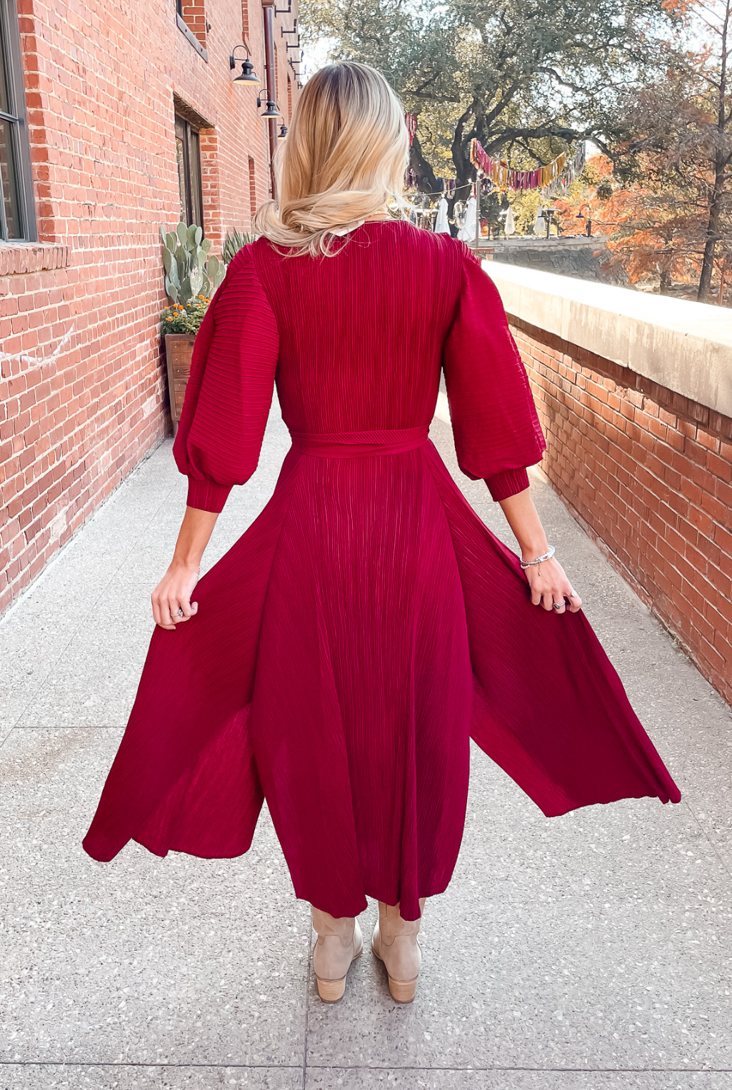 Pleated Bell Sleeve Dress - Burgandy