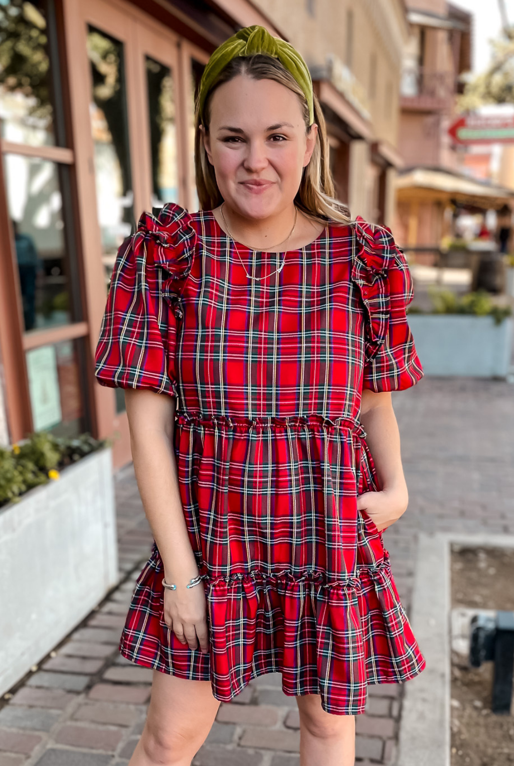 Tartan Plaid Ruffle Dress - Red