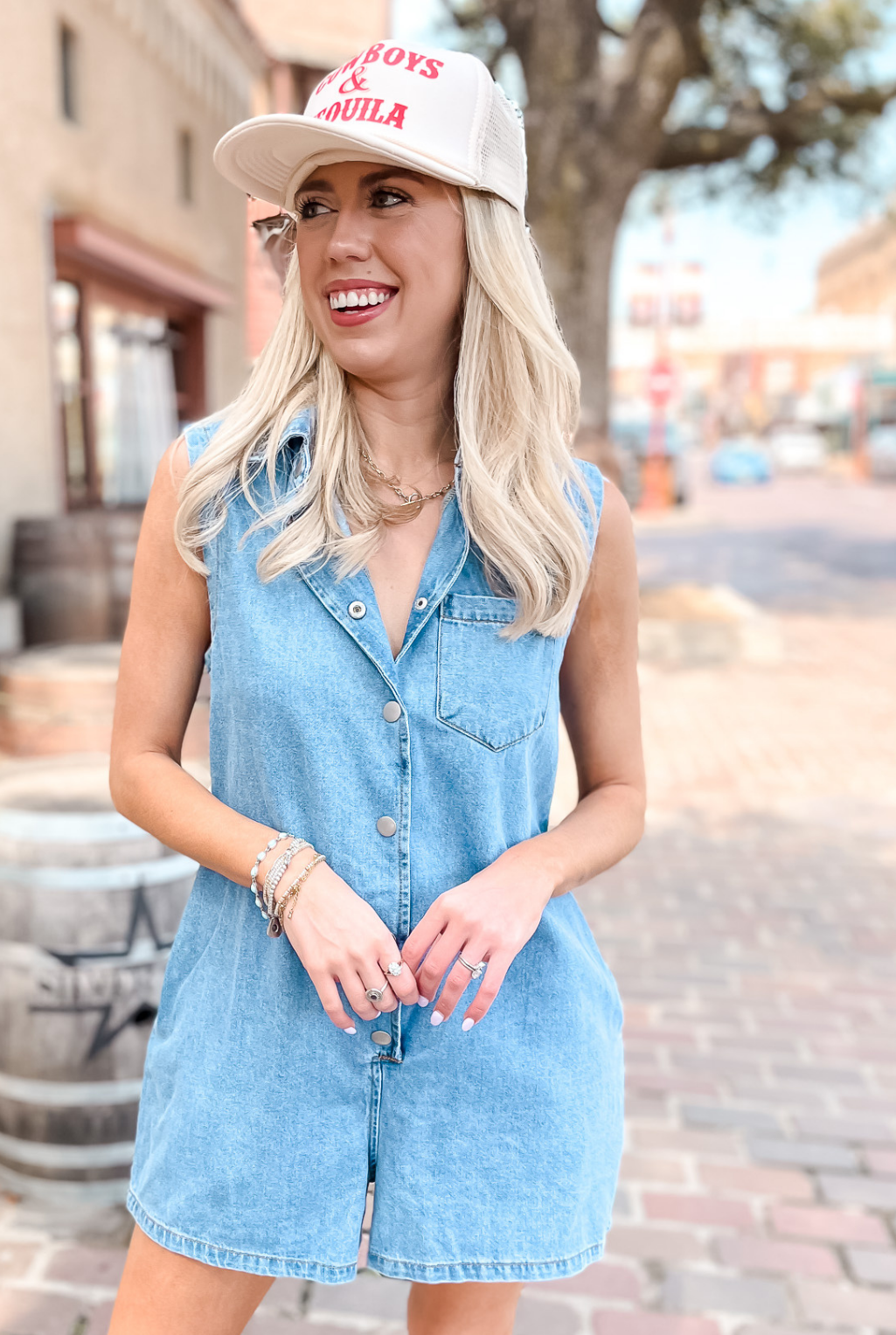 Denim Button Romper - Medium Denim