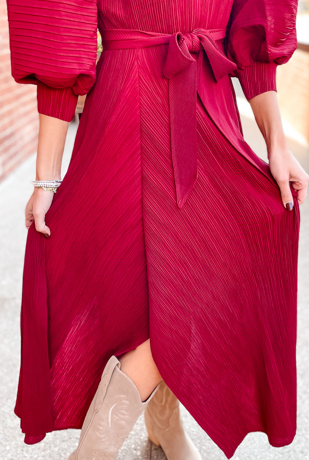 Pleated Bell Sleeve Dress - Burgandy