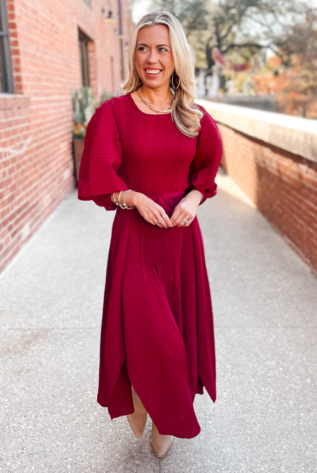 Pleated Bell Sleeve Dress - Burgandy