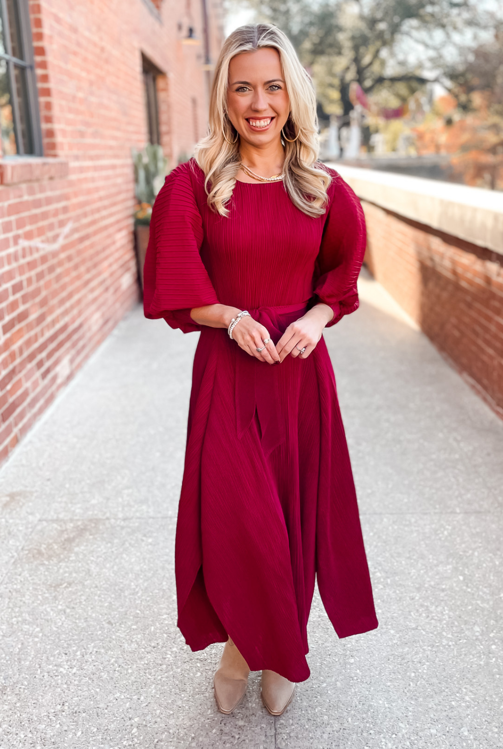 Pleated Bell Sleeve Dress - Burgandy