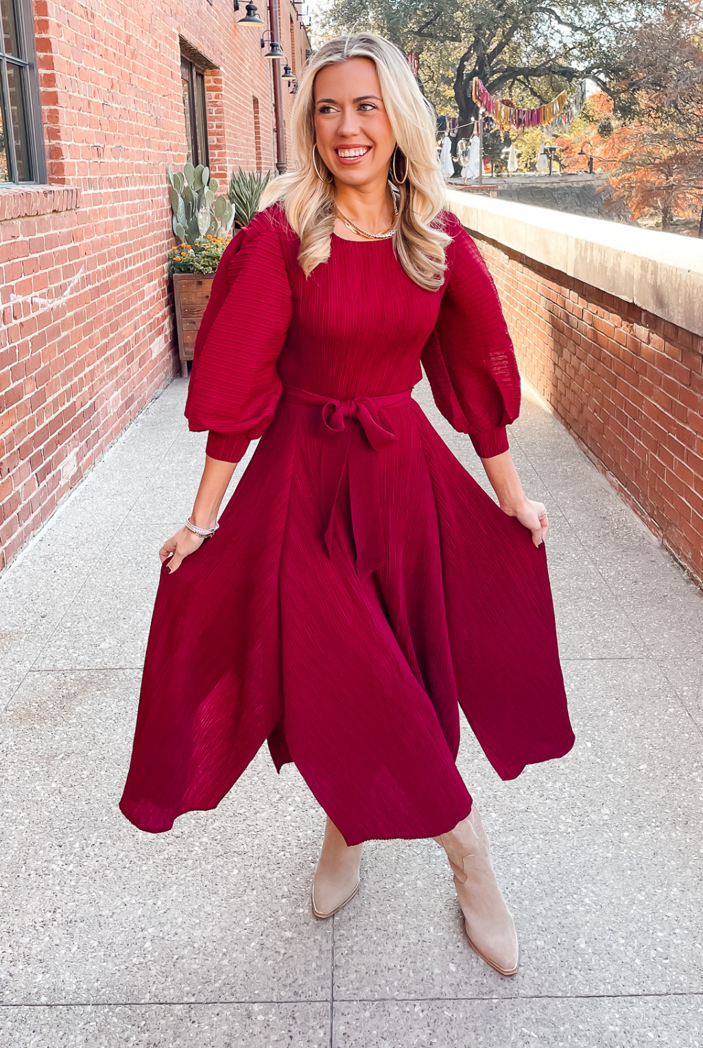 Pleated Bell Sleeve Dress - Burgandy