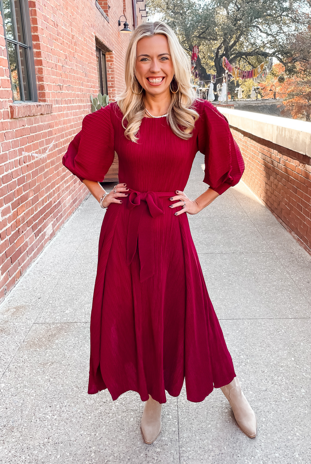 Pleated Bell Sleeve Dress - Burgandy