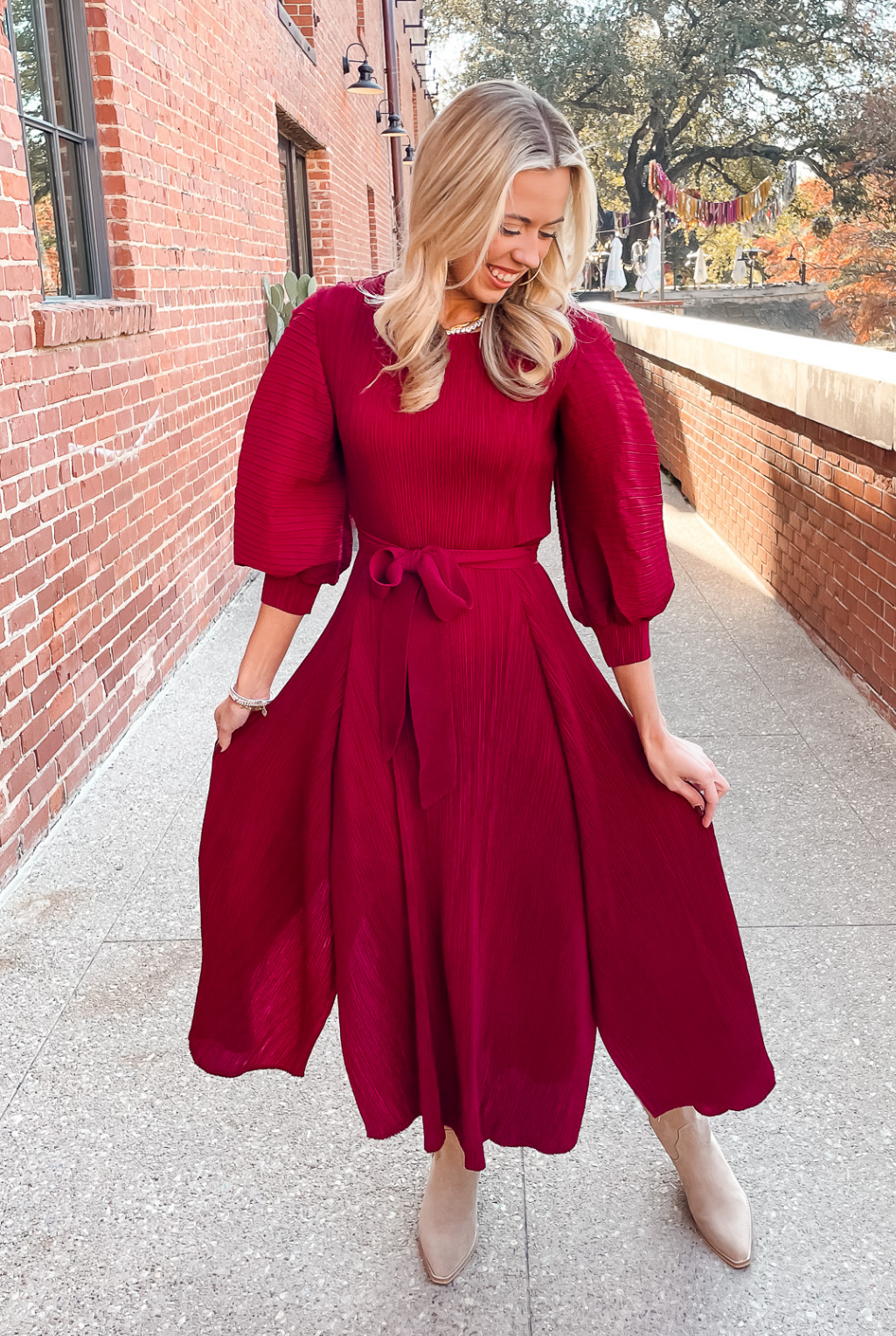 Pleated Bell Sleeve Dress - Burgandy