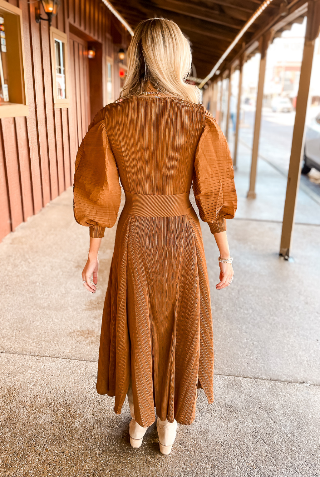 Pleated Bell Sleeve Dress - Brown