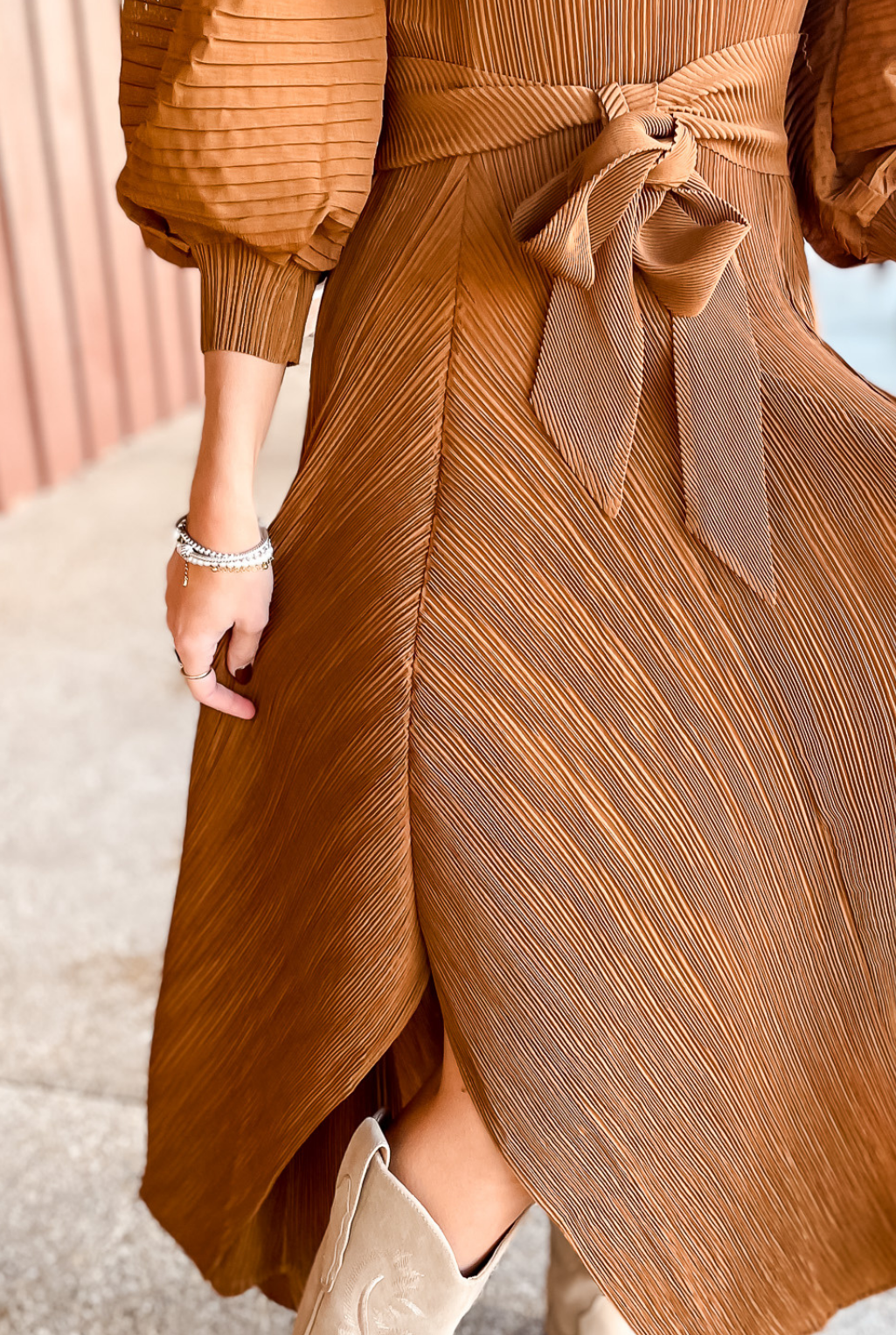 Pleated Bell Sleeve Dress - Brown