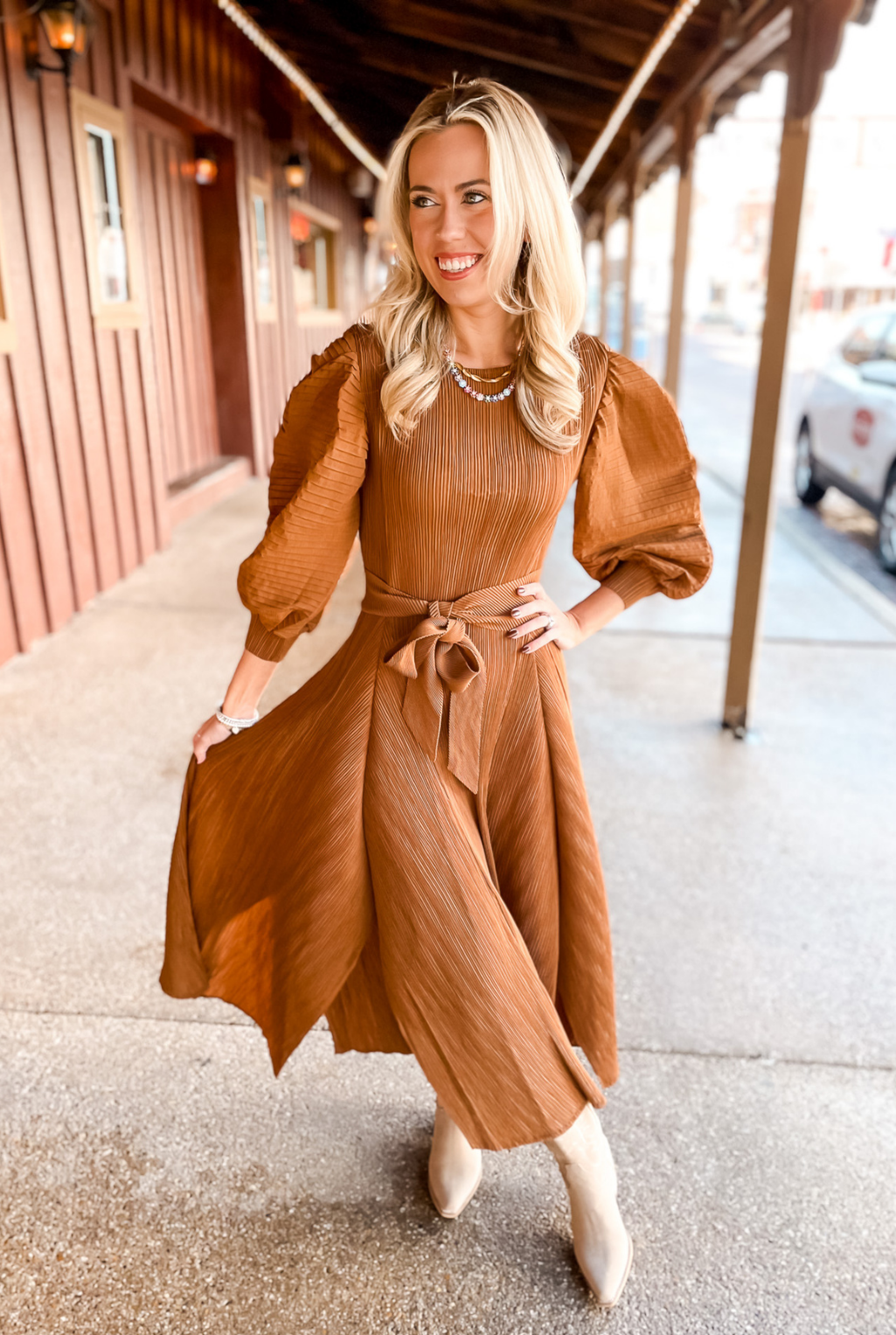 Pleated Bell Sleeve Dress - Brown