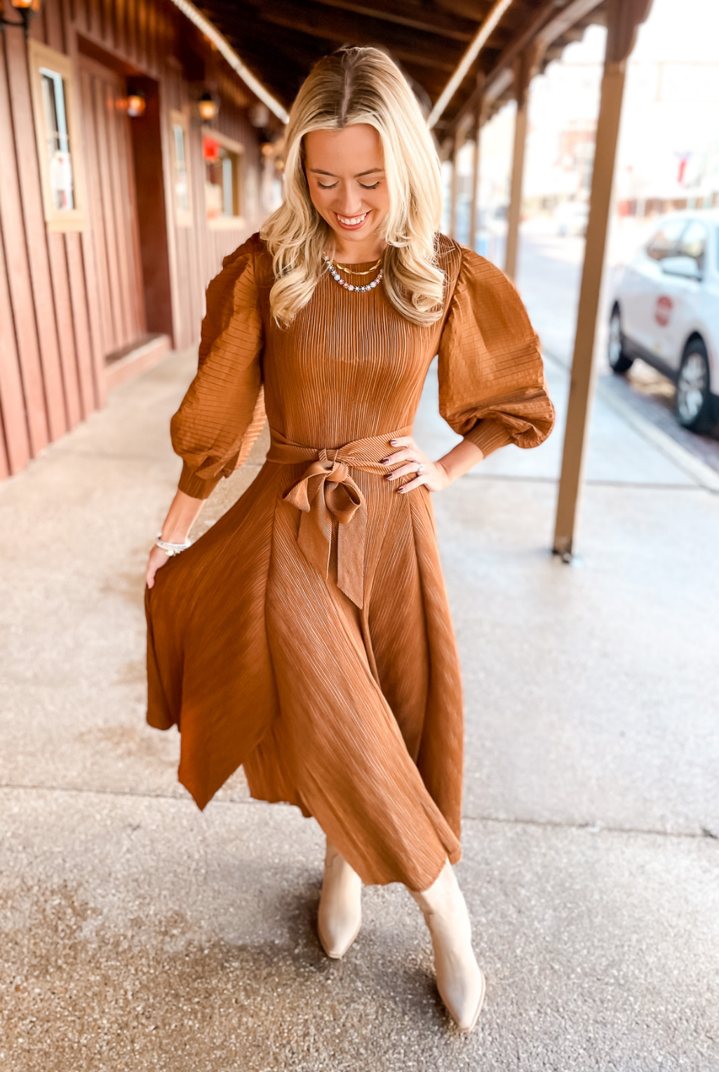 Pleated Bell Sleeve Dress - Brown