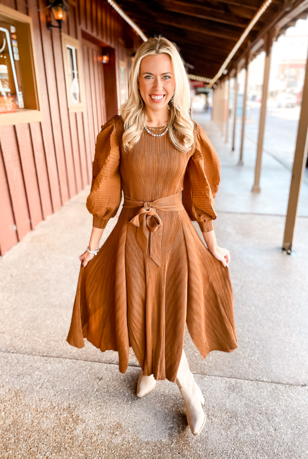 Pleated Bell Sleeve Dress - Brown