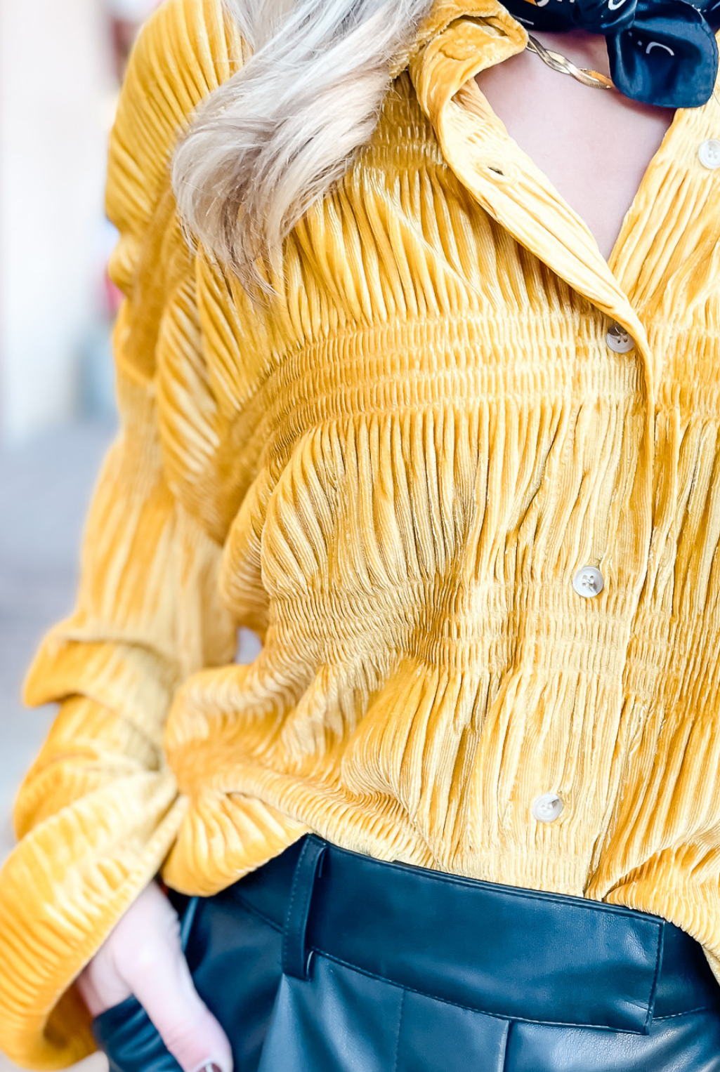 Velvet Shirring Top - Mustard