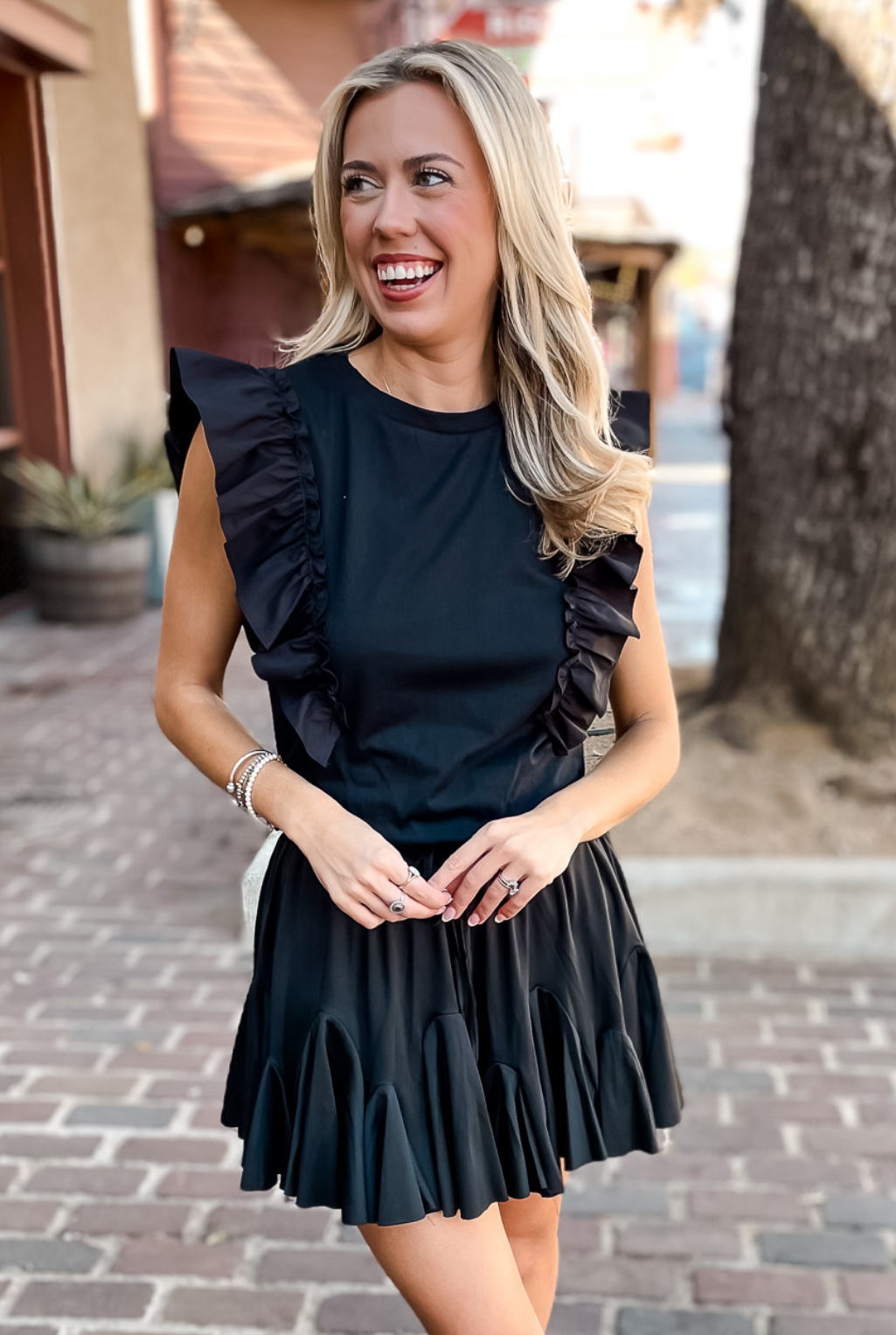 Ruffle Poplin Sleeveless Top - Black