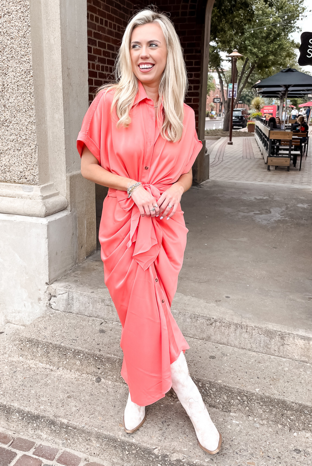 Laurel Satin Tie Dress - Coral