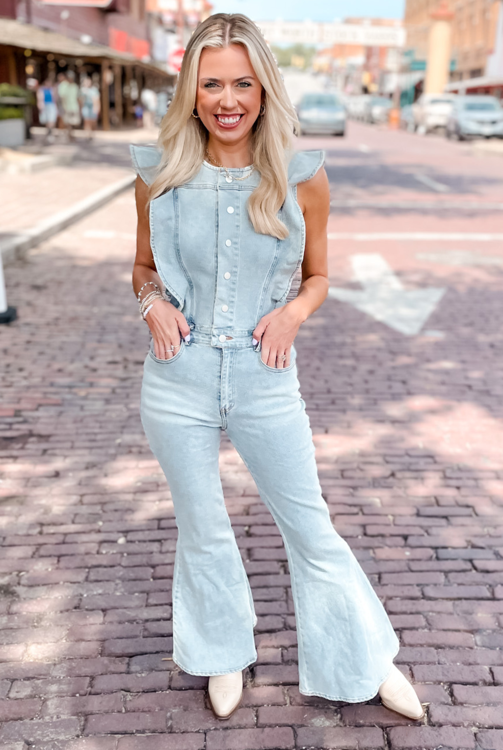 Jean ruffle jumpsuit on sale