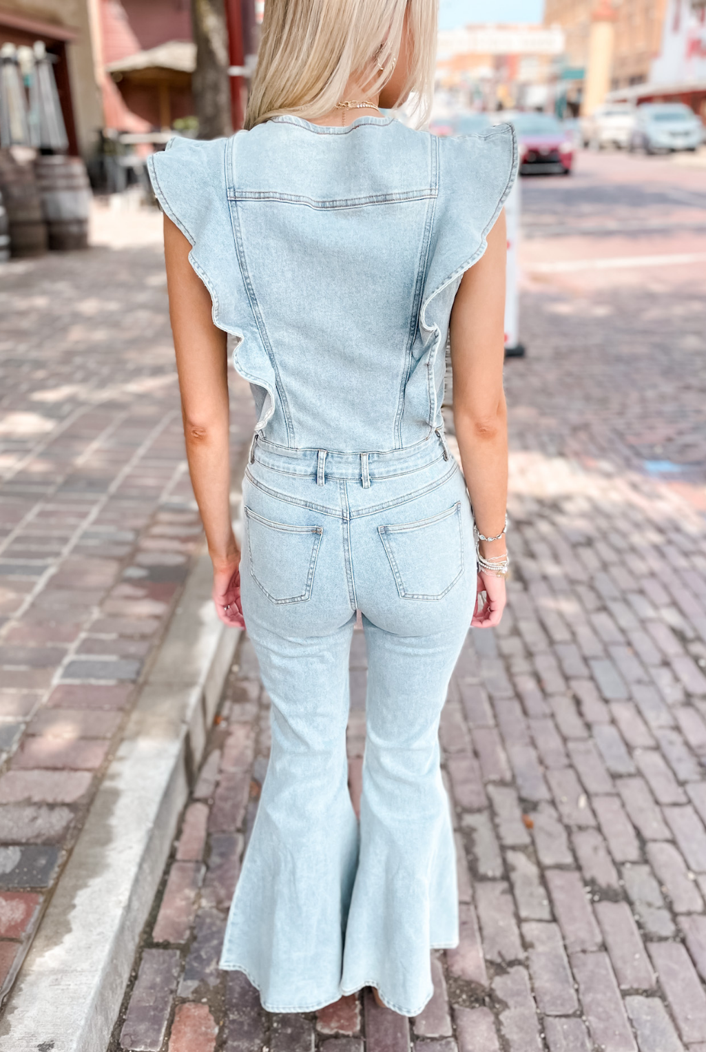 Ruffle Sleeve Denim Jumpsuit - Light