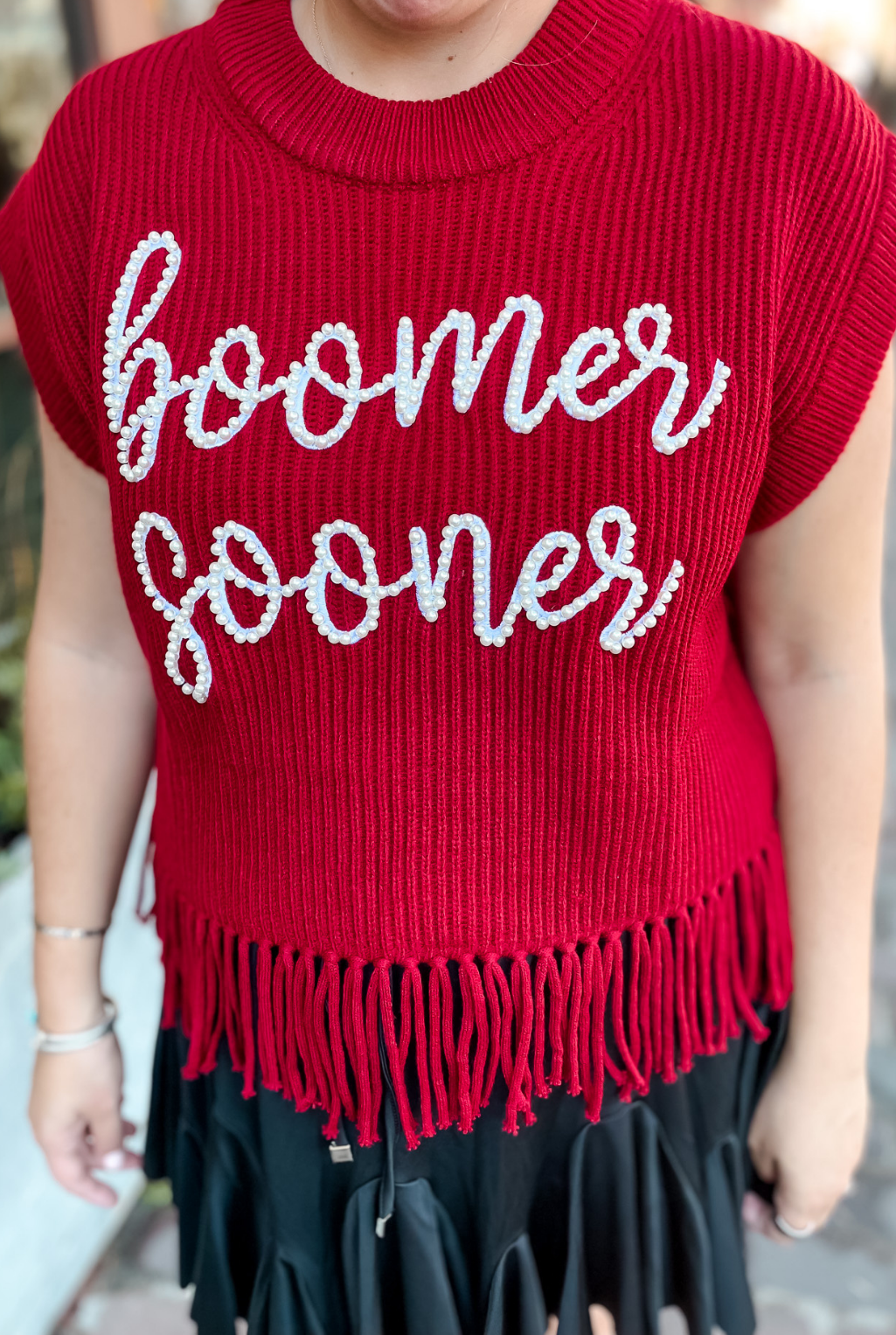 Queen Of Sparkles - Boomer Sooner Pearl Fringe Sweater