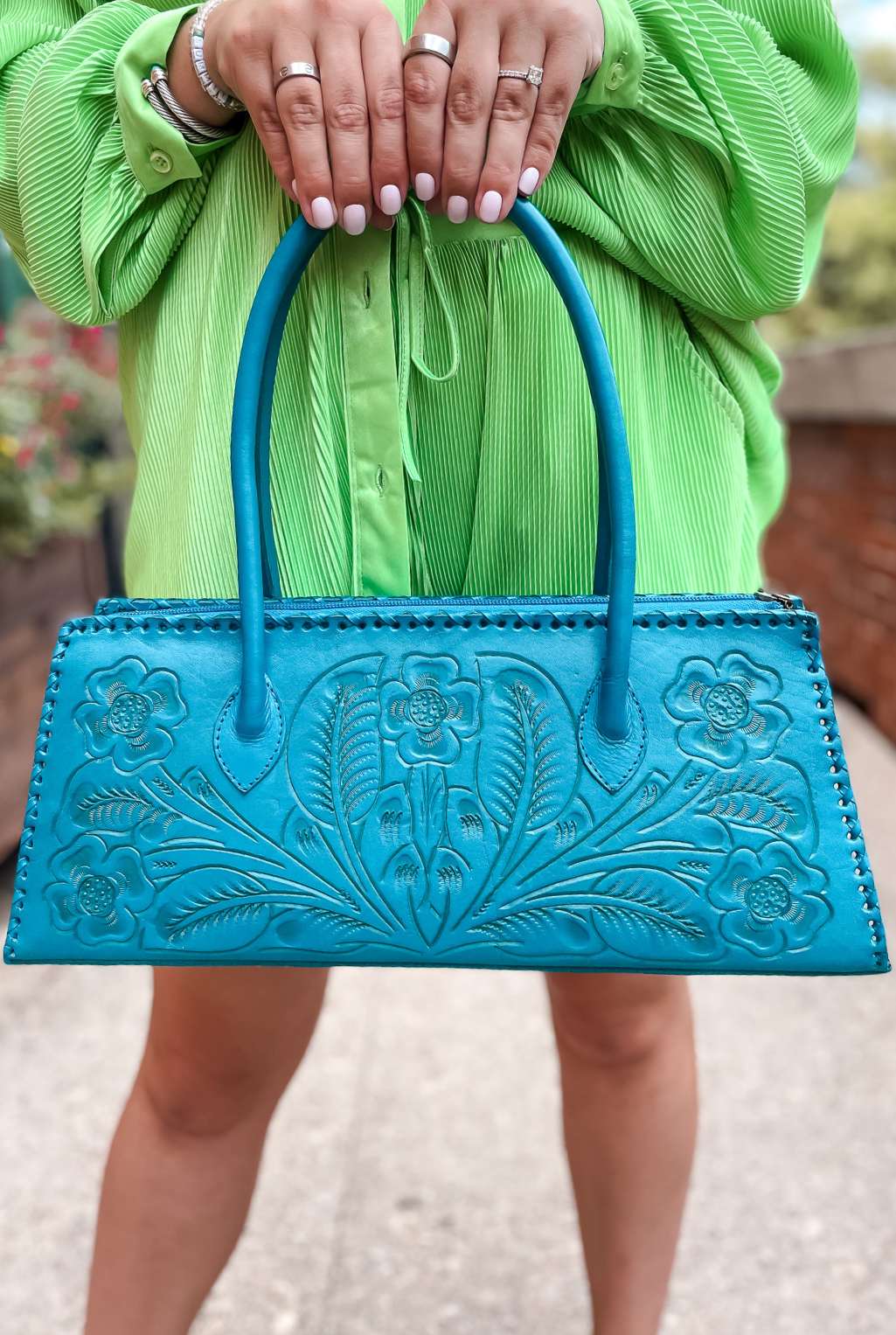 Abby Tooled Leather Handbag - Turquoise