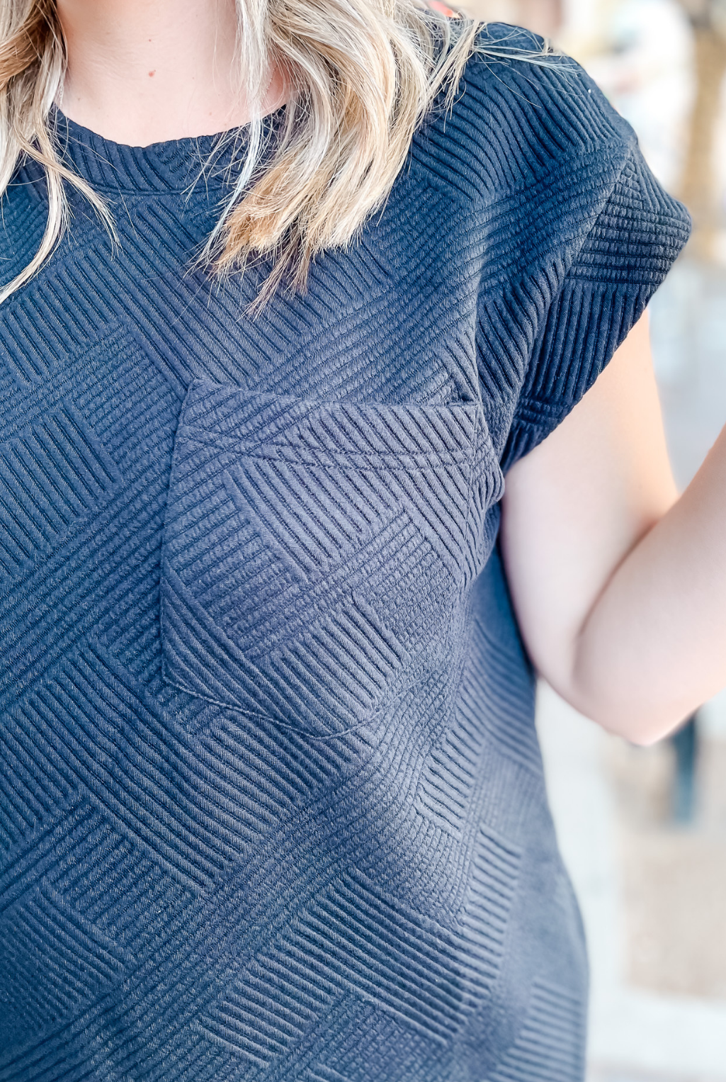 Textured Single Pocket Dress - Black