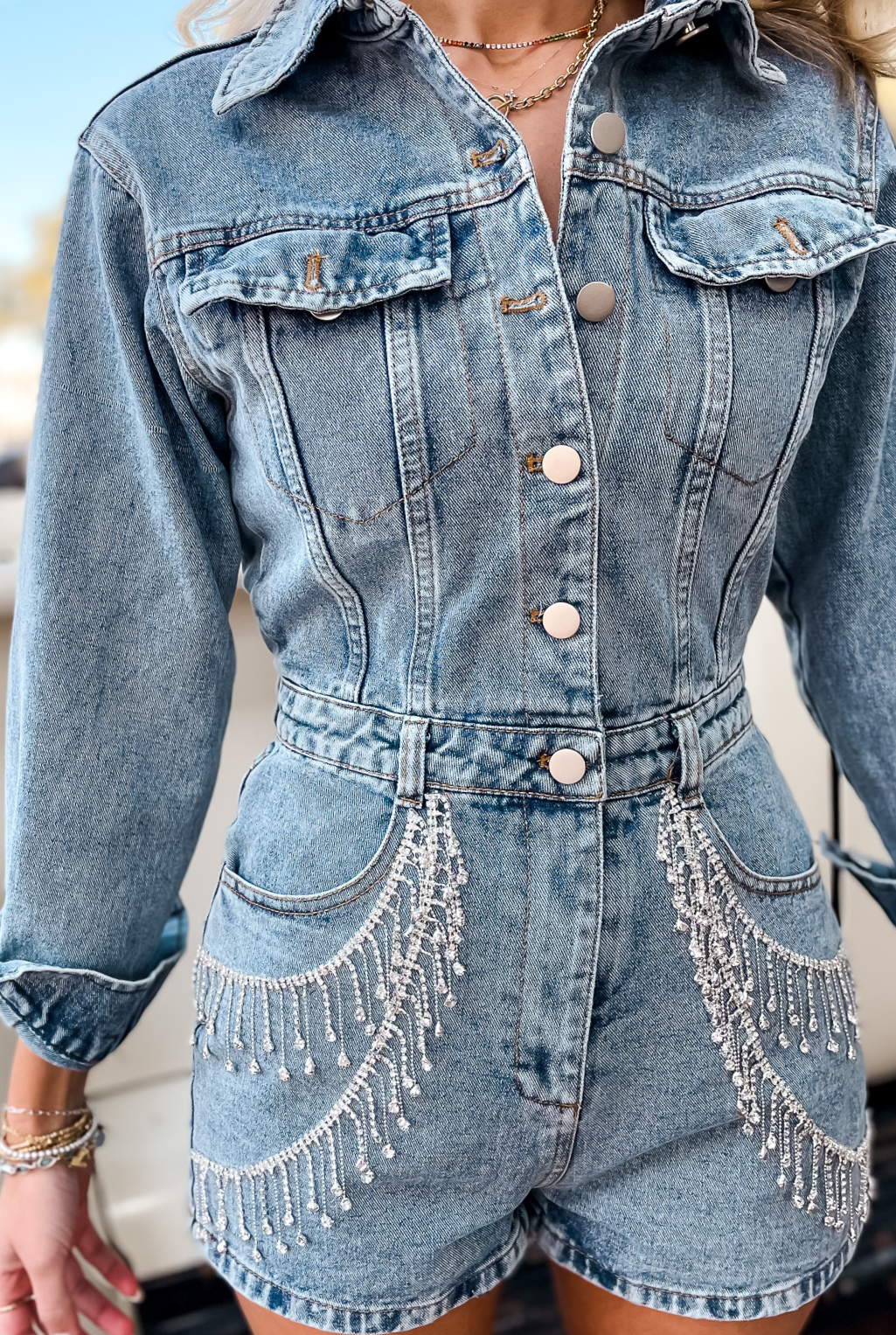 Falling Rhinestones Denim Romper