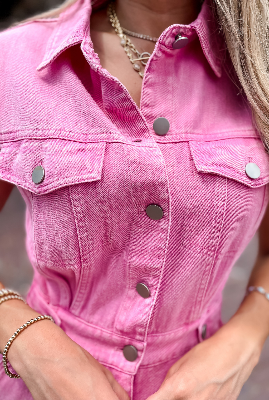 Sleeveless Denim Romper - Pink