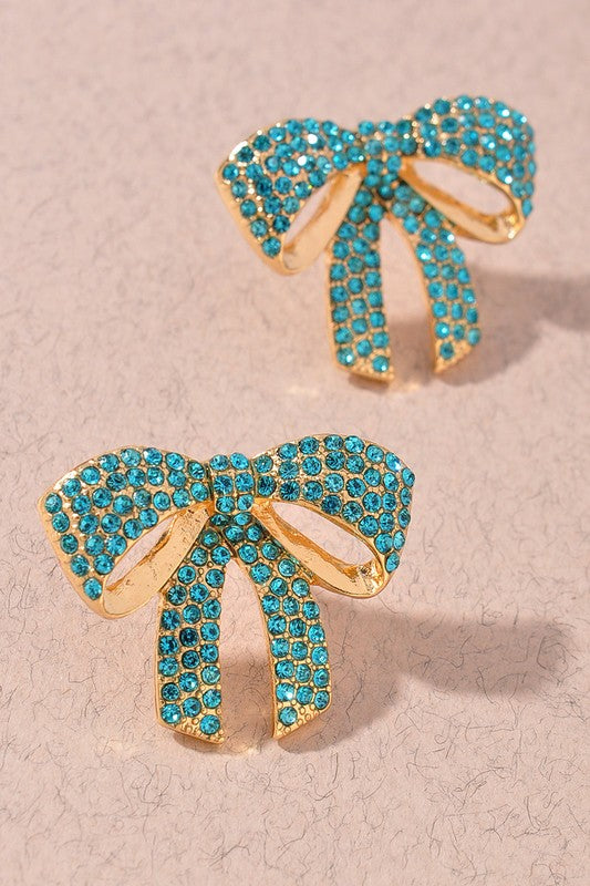 Rhinestone Bow Earrings - Teal