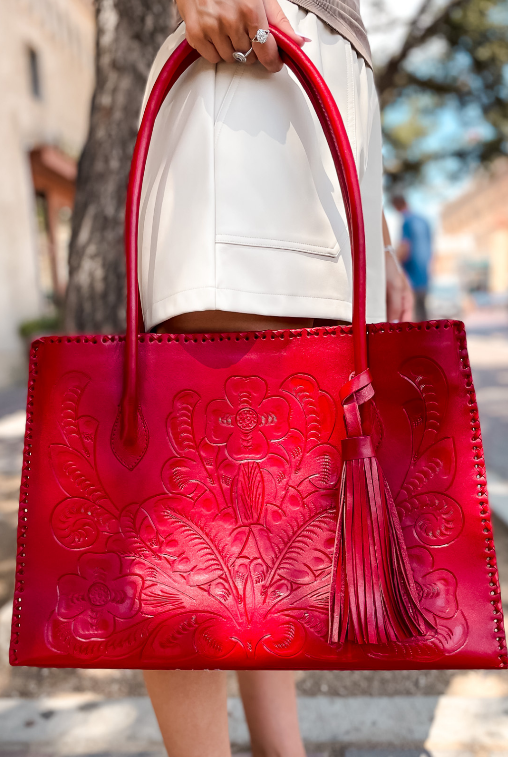 Amy Tooled Leather Handbag - Red