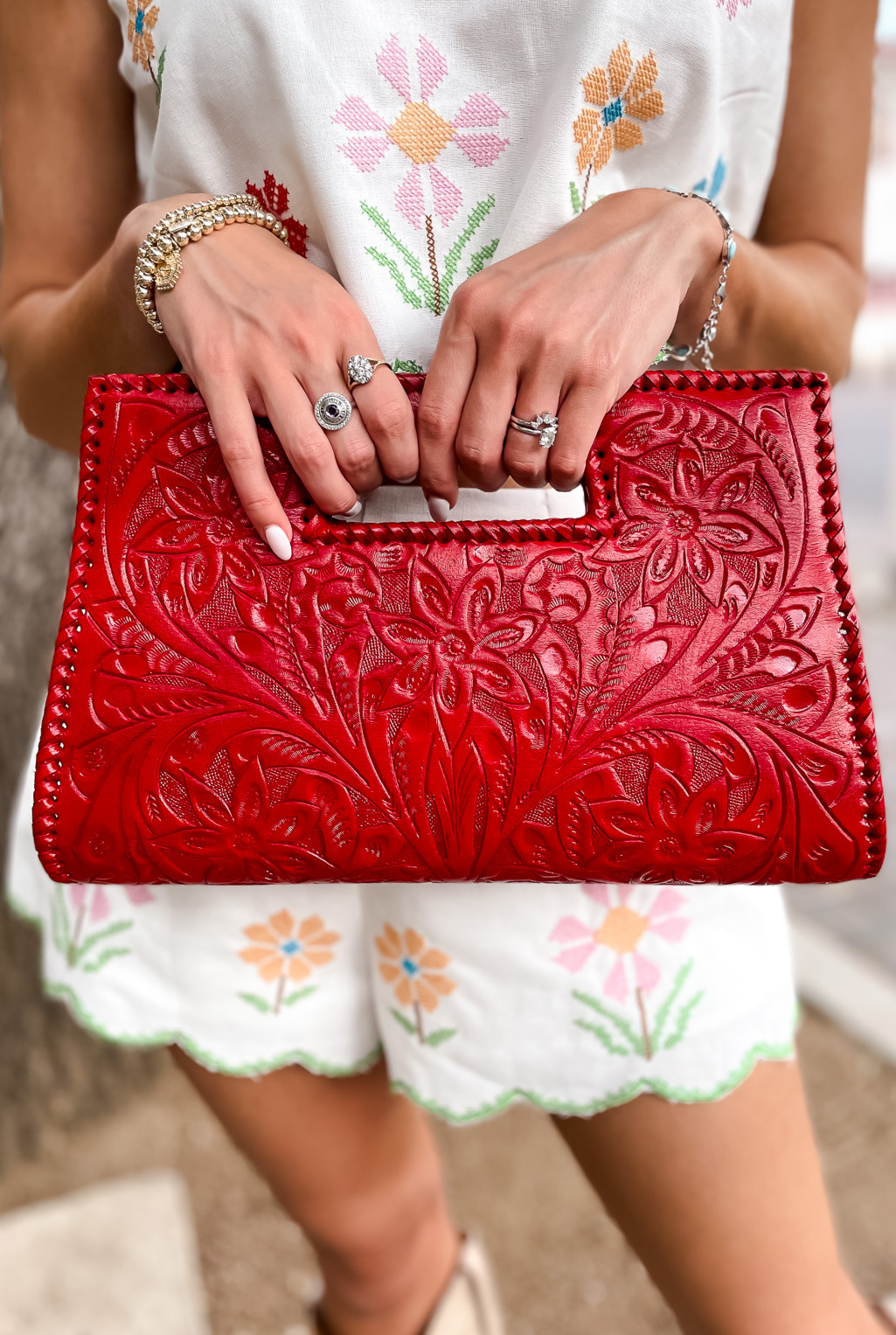 Caroline Tooled Leather Handbag - Red