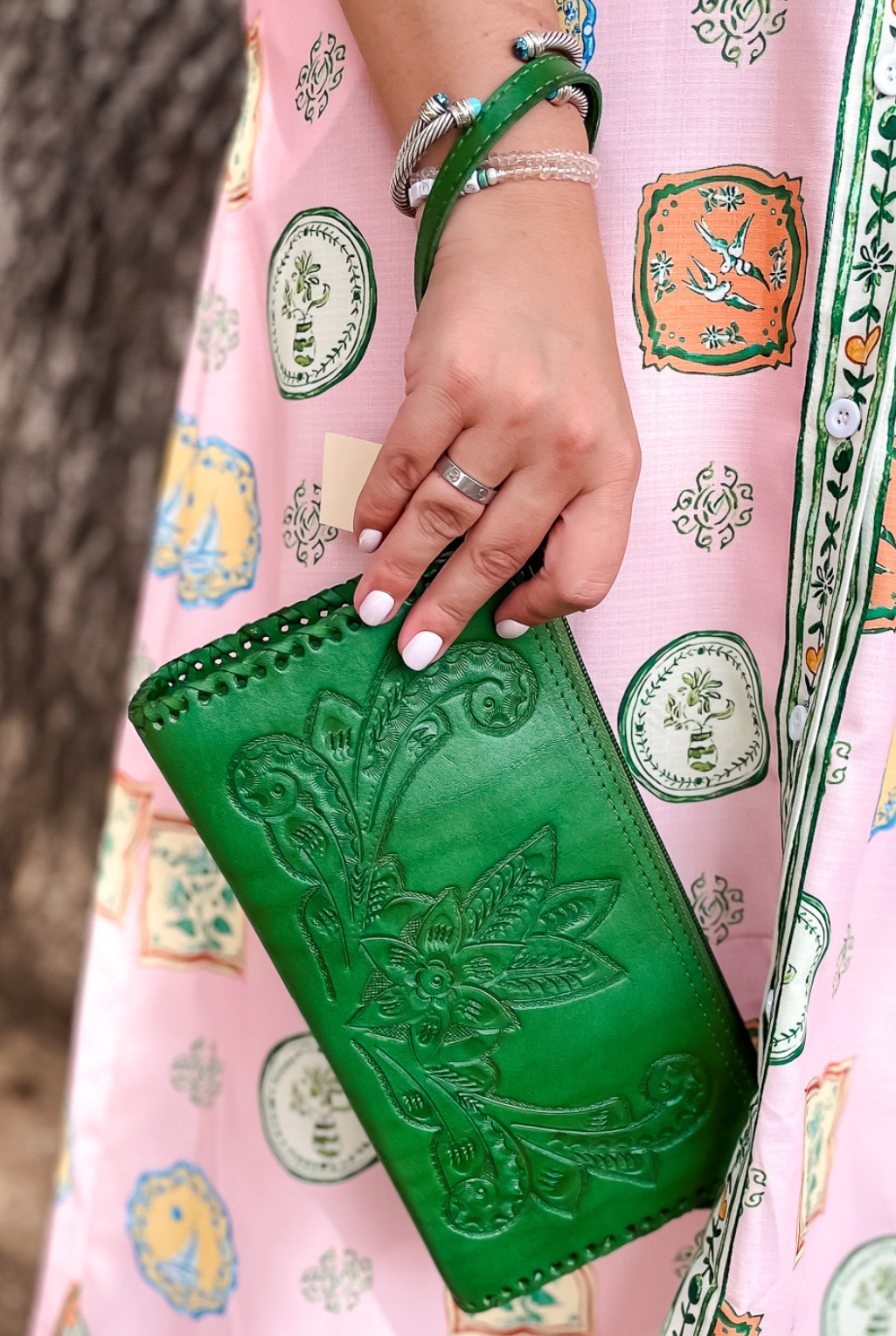 Ella Tooled Leather Handbag - Green