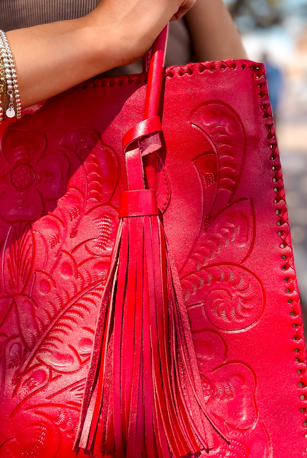 Amy Tooled Leather Handbag - Red