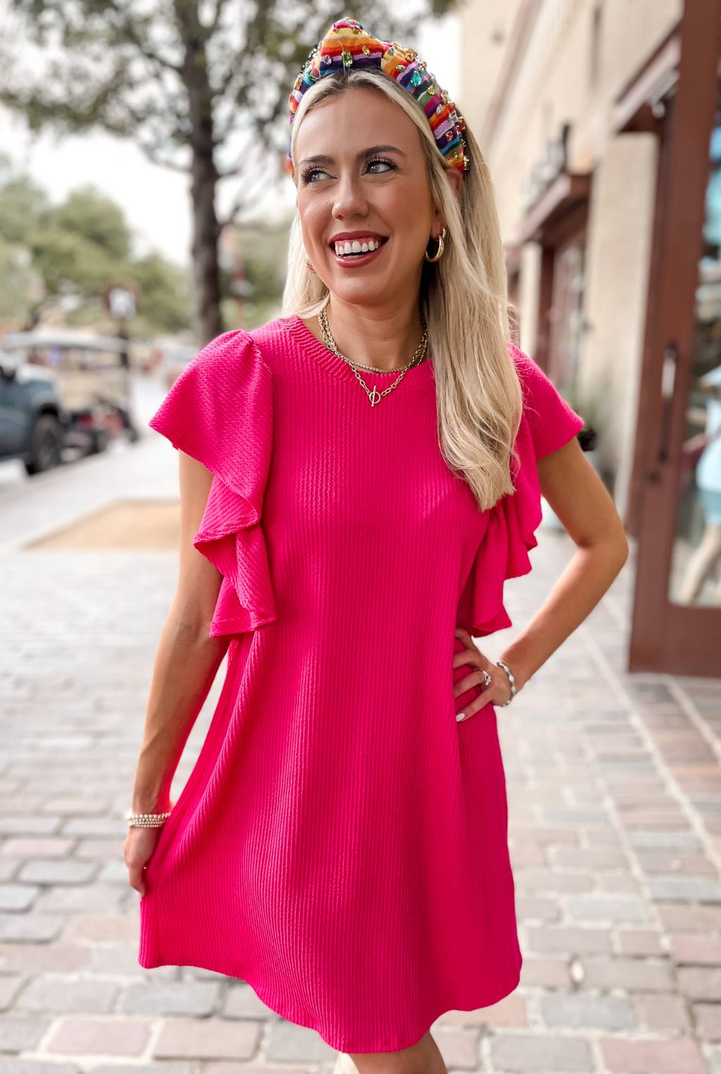 Ruffled Sleeve Ribbed Dress