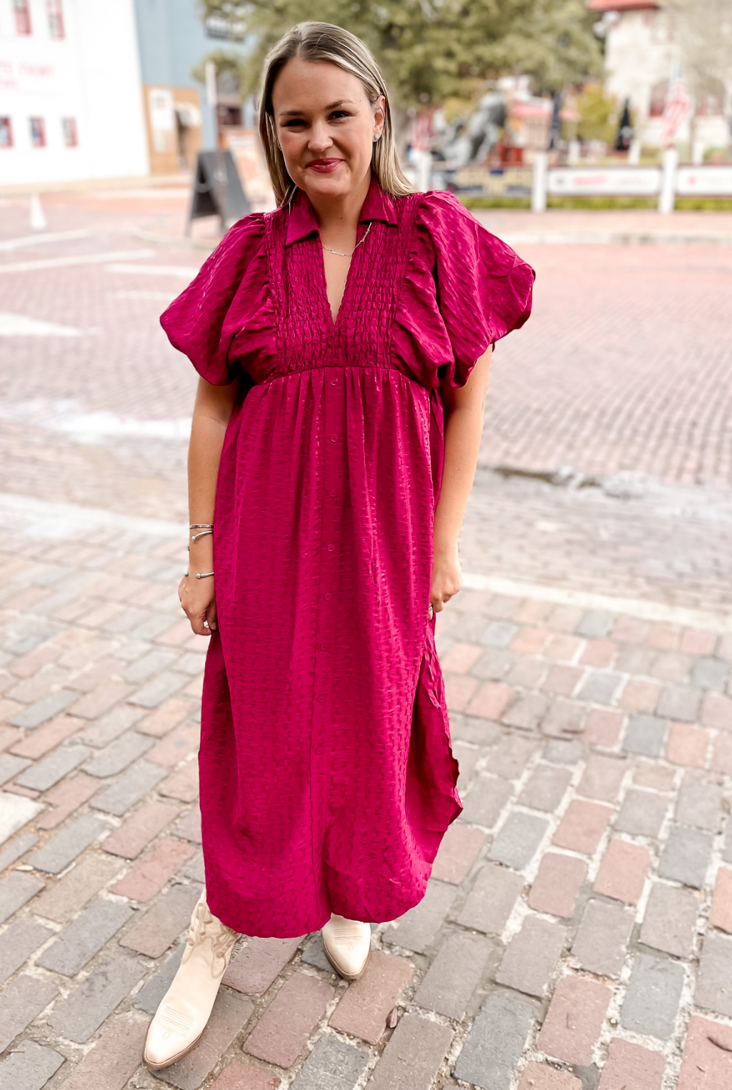 Textured Puff Sleeve Dress - Plum