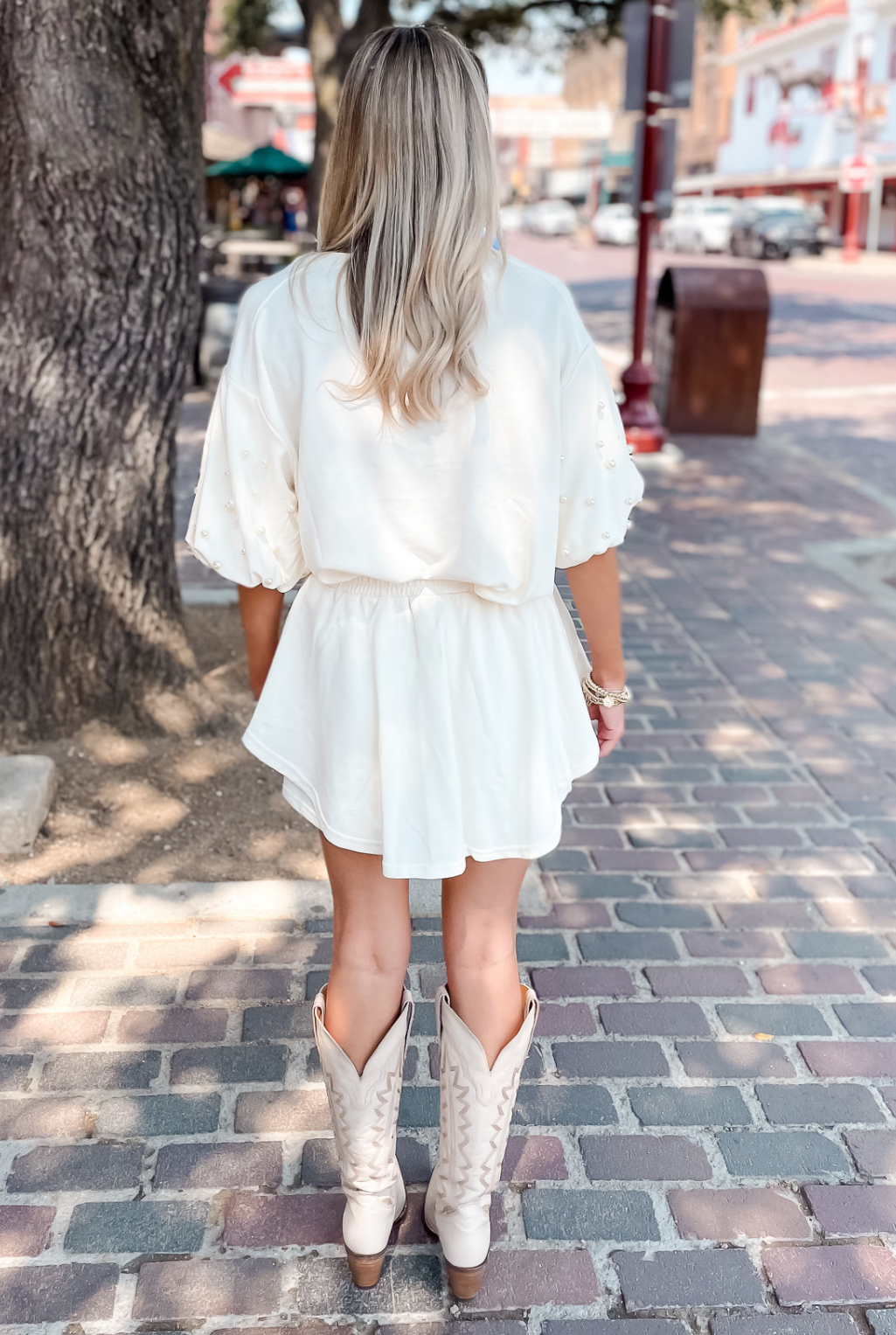 Pearl Trim Knit Short Set - Cream