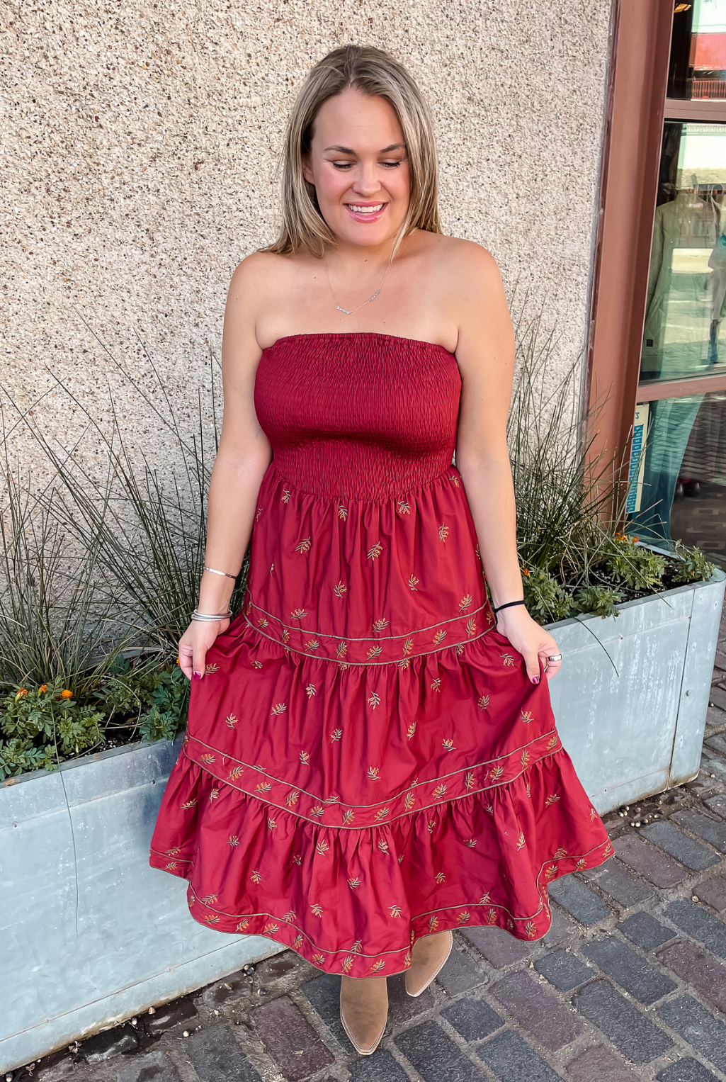 Embroidered Brick Dress