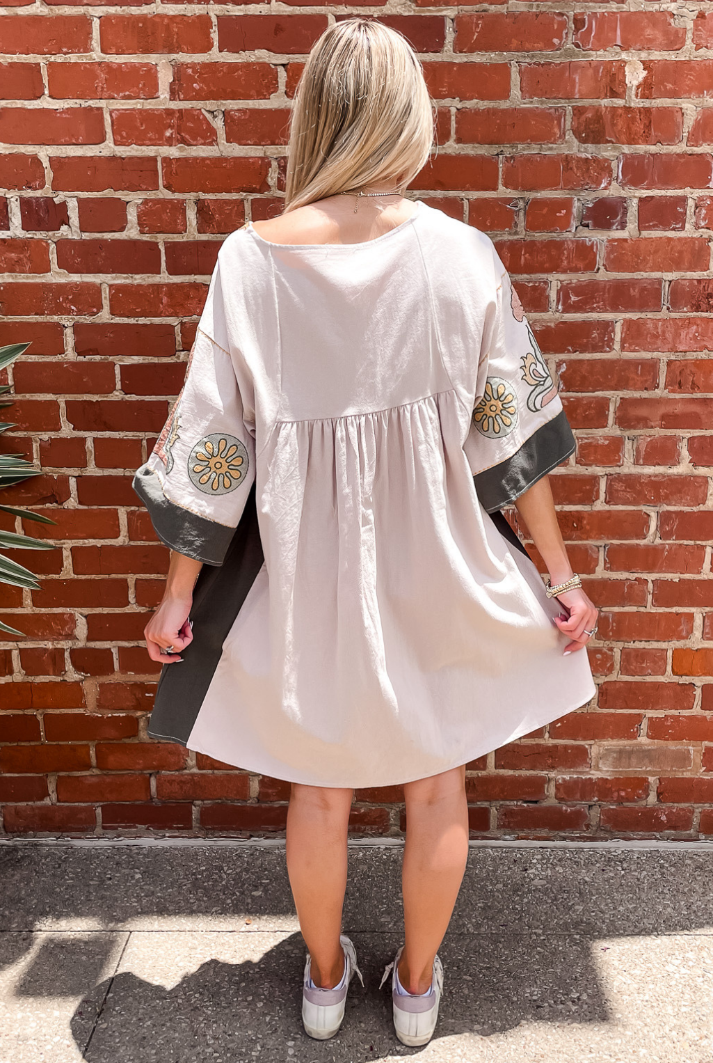 Embroidered Kimono Sleeve Dress - Beige