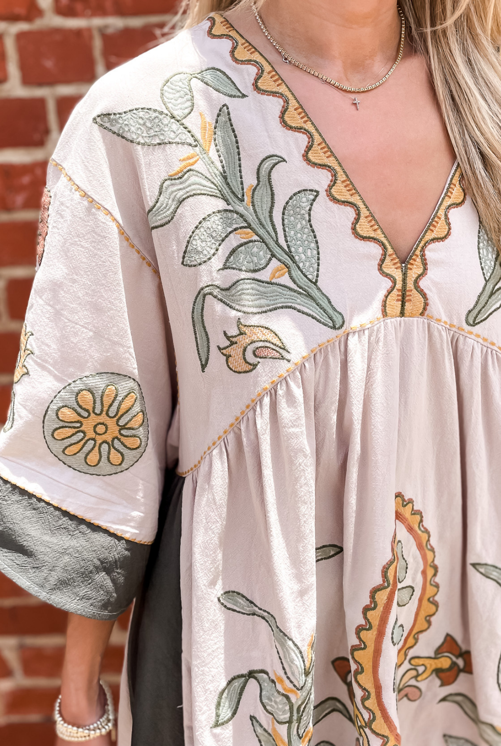 Embroidered Kimono Sleeve Dress - Beige