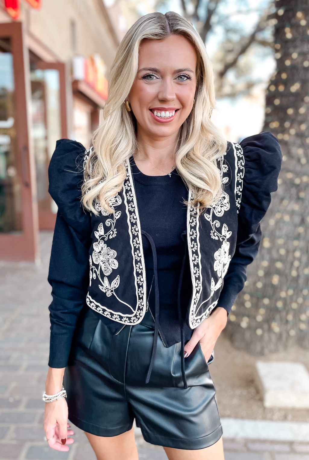 Embroidered Ruffle Tie Vest - Black