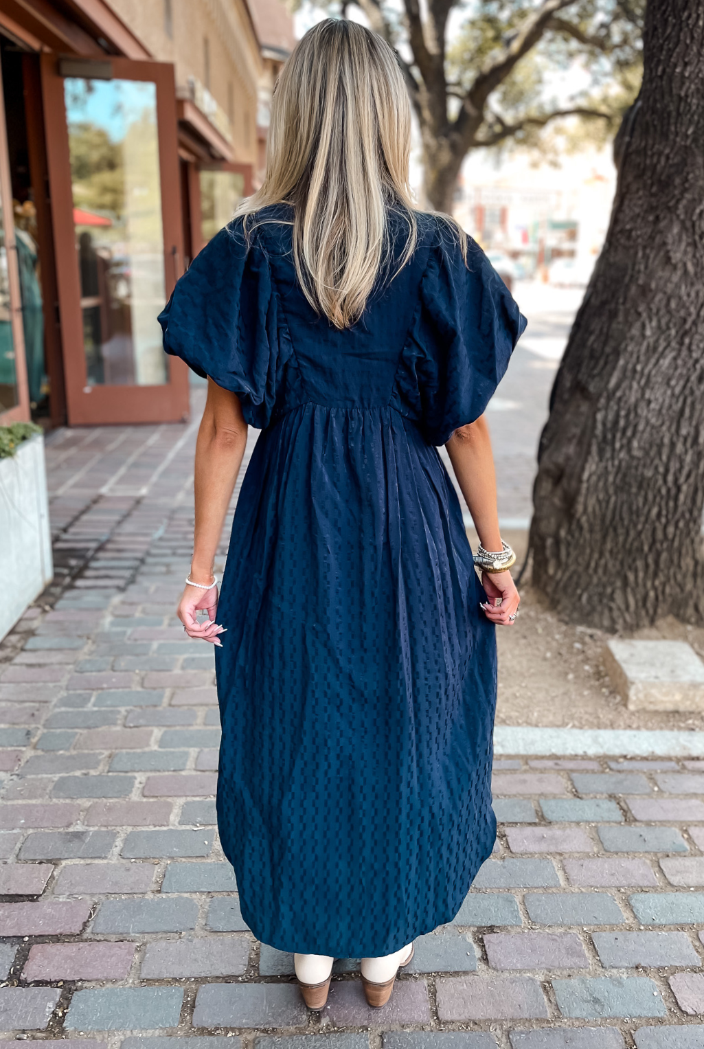 Textured Puff Sleeve Dress - Navy