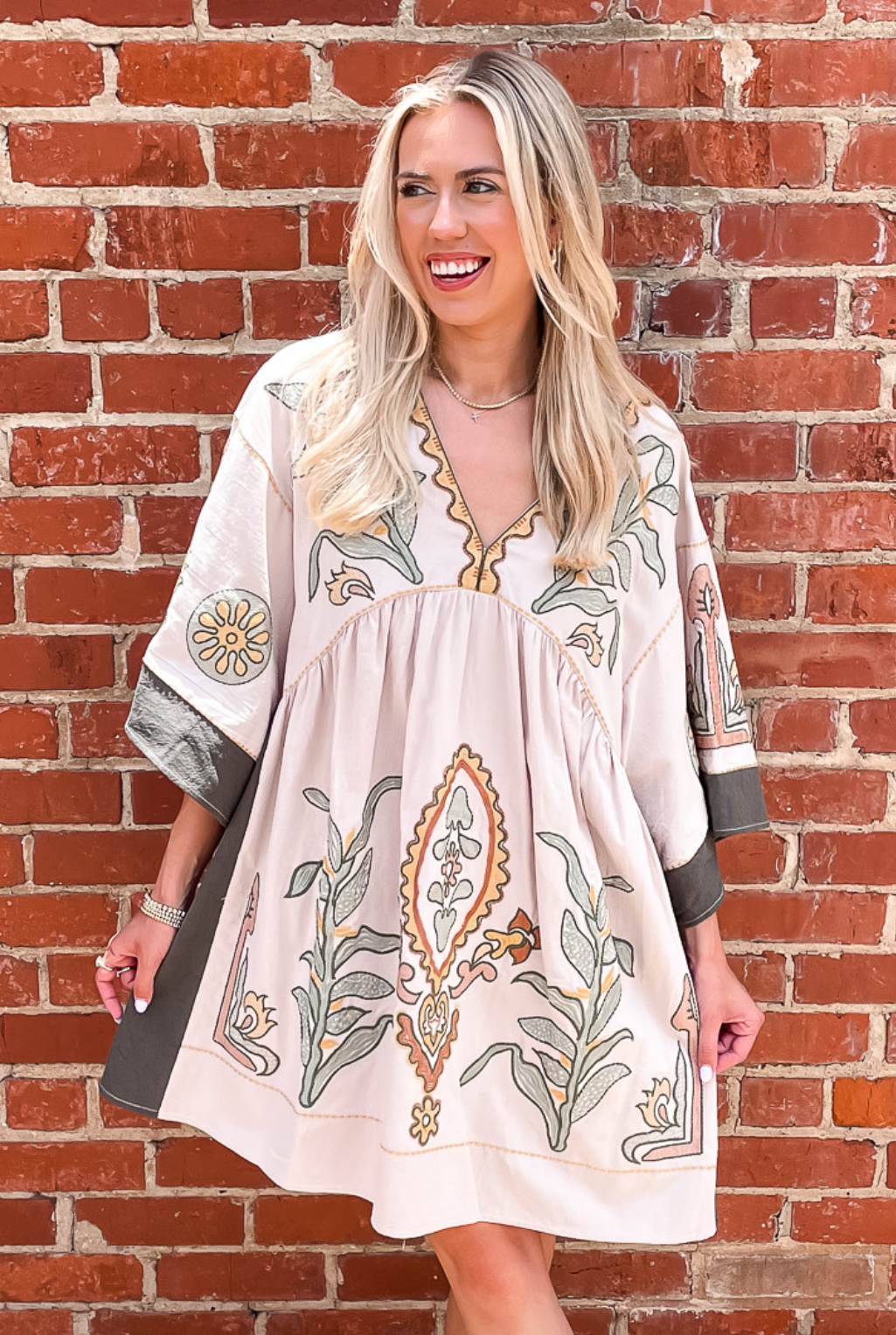 Embroidered Kimono Sleeve Dress - Beige