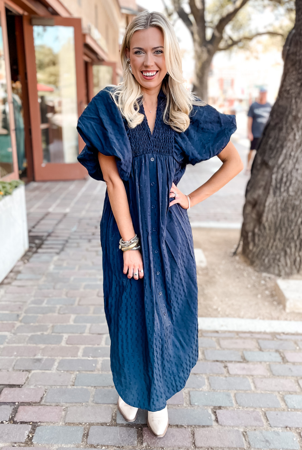 Textured Puff Sleeve Dress - Navy