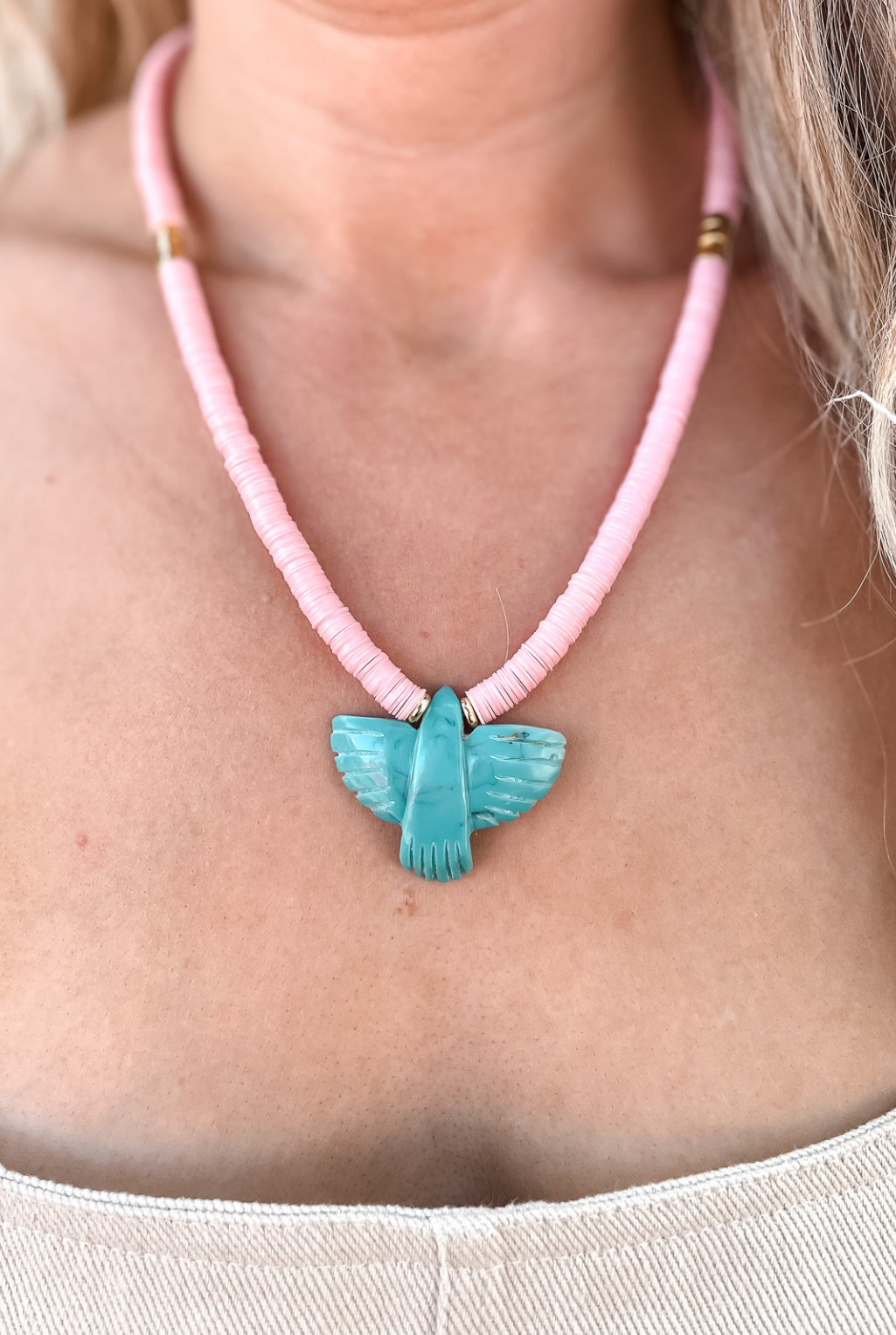 Turquoise Thunderbird Necklace - Light Pink