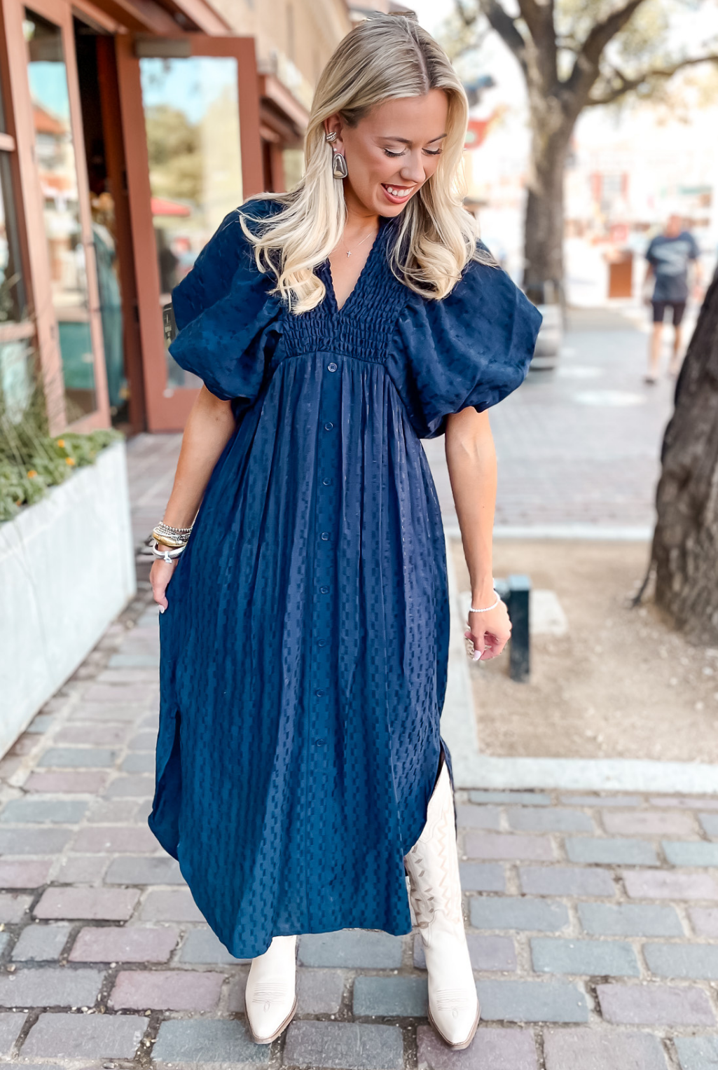 Textured Puff Sleeve Dress - Navy