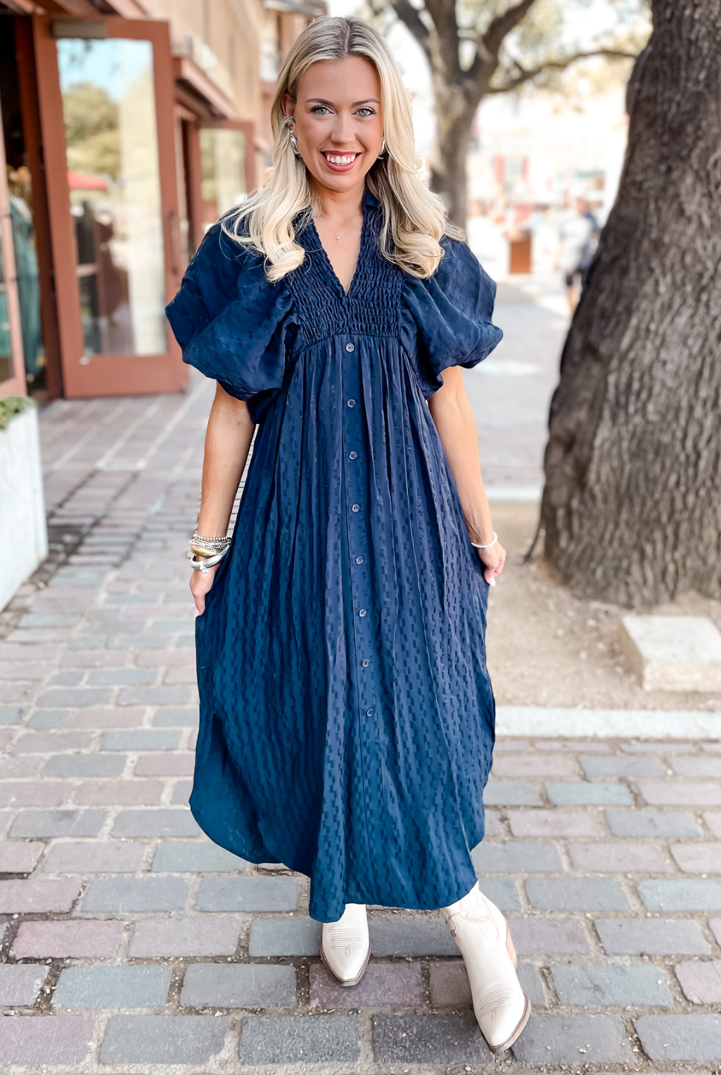 Textured Puff Sleeve Dress - Navy