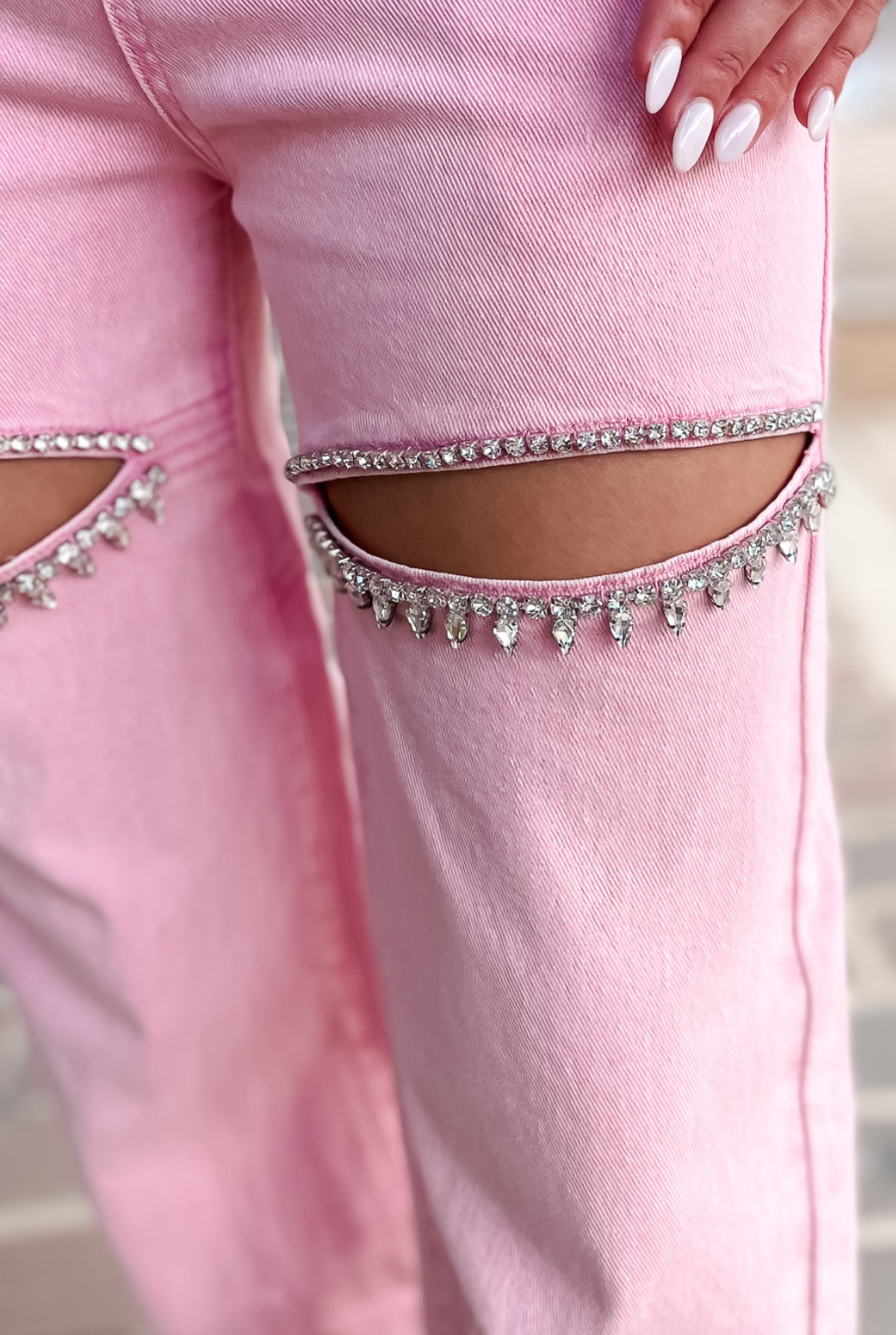 Cut Front Rhinestone Jeans - Pink