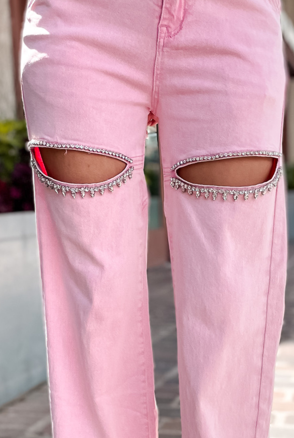 Cut Front Rhinestone Jeans - Pink