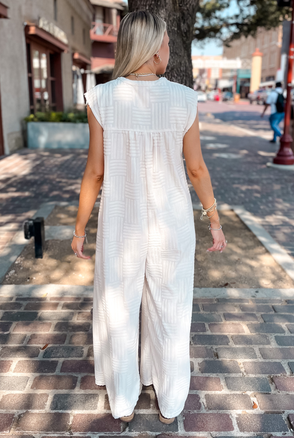 Textured Wide Leg Jumpsuit - Cream