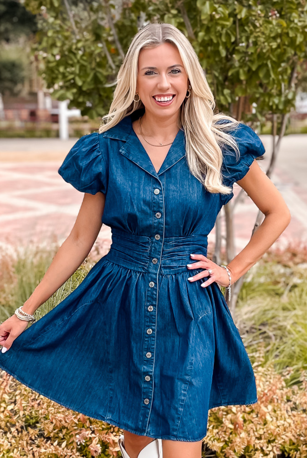 Denim Puff Sleeve Dress - Blue