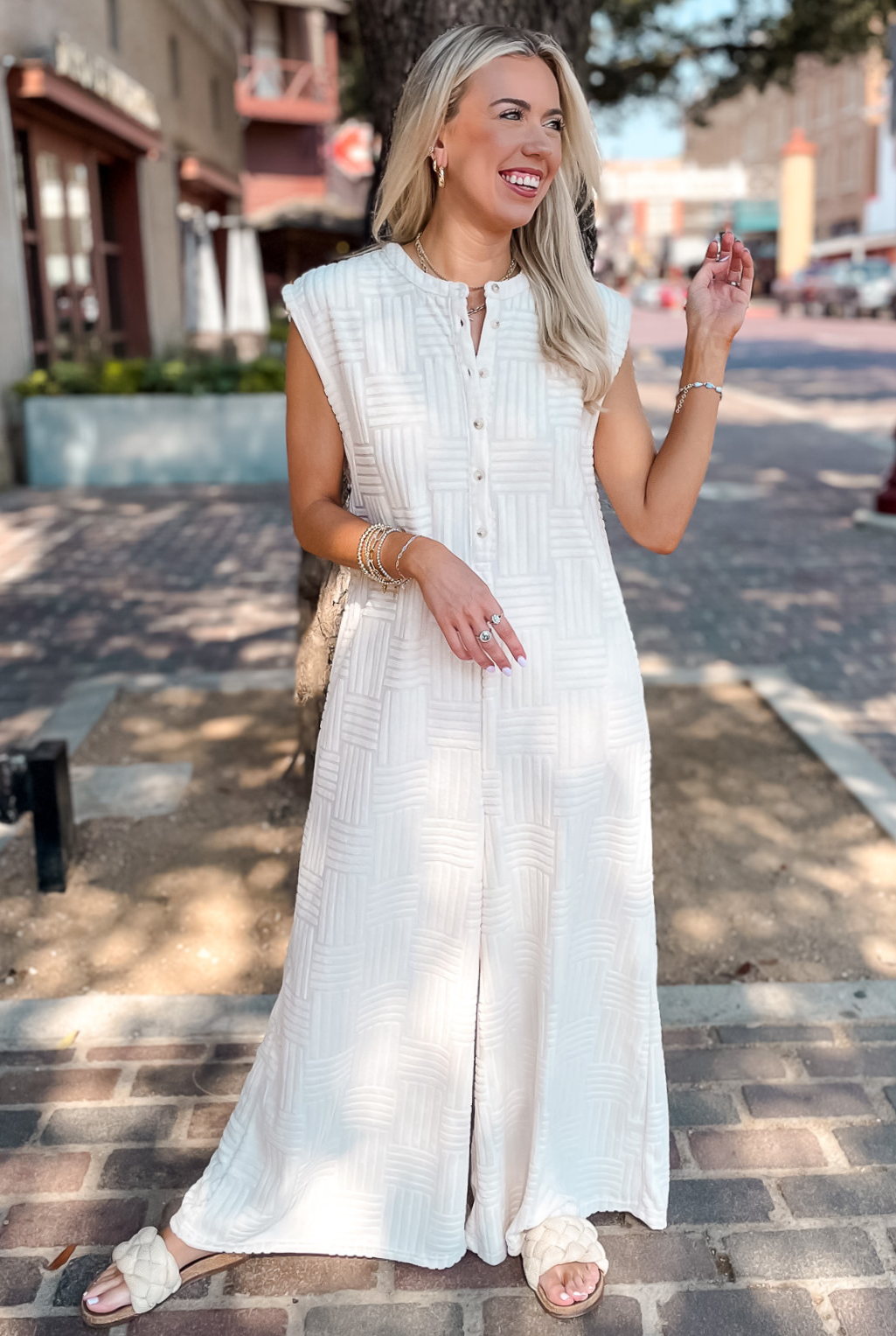 Textured Wide Leg Jumpsuit - Cream